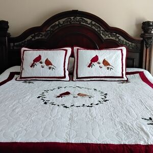 Elegant Cardinal Embroidered Quilt Set - White and Red
